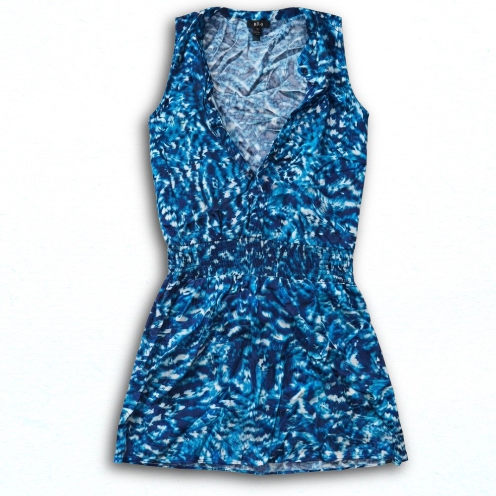 a.n.a A New Approach Blue Abstract Tie Dye Smocked Waist V-Neck Mini Dress S